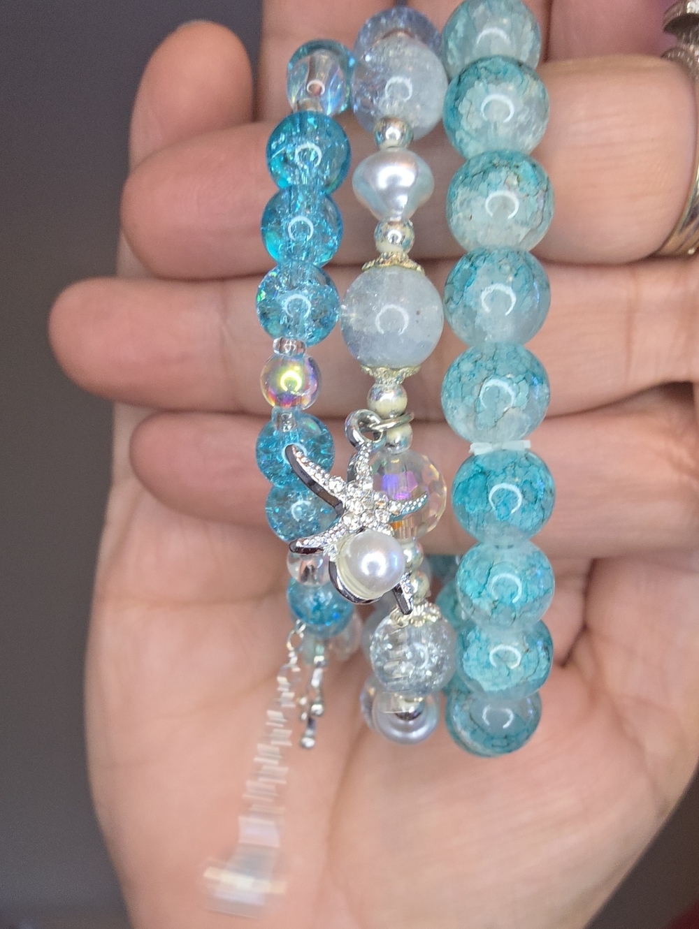 Turquoise Blue Beaded Stretch Bracelet Set with Pearl & Starfish Charm